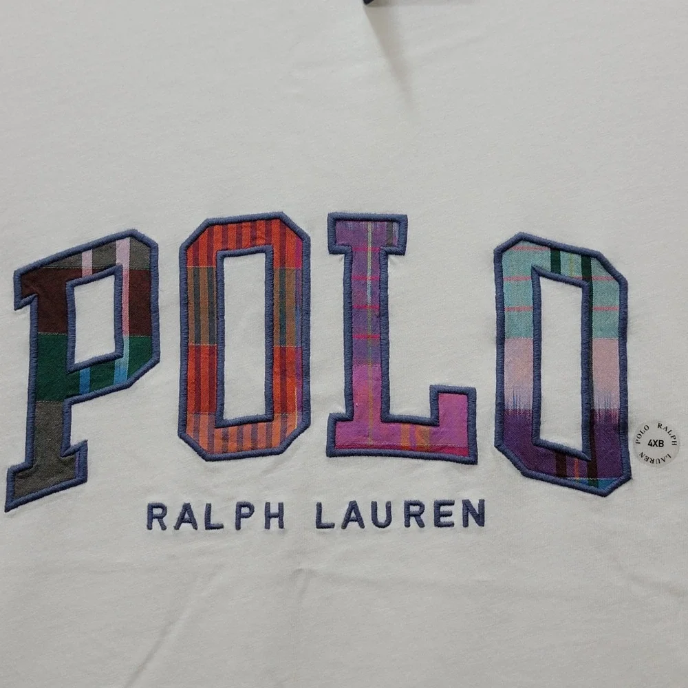 Polo Ralph Lauren Mens 4XB White Plaid Patchwork Logo Embroidered T-Shirt‎ NWT